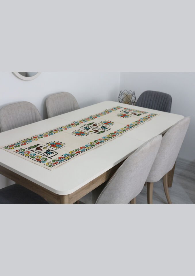 Geleneksel Tahta El Baskısı Hitit Desenli Runner Renkli