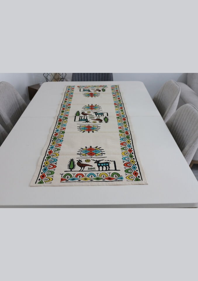 Geleneksel Tahta El Baskısı Hitit Desenli Runner Renkli