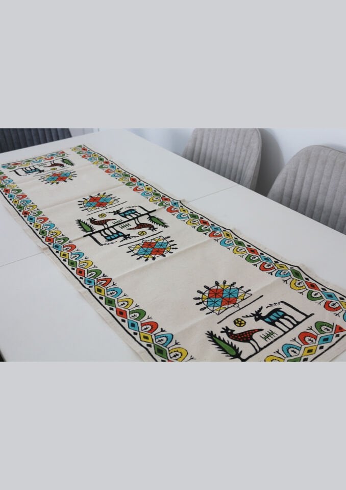 Geleneksel Tahta El Baskısı Hitit Desenli Runner Renkli