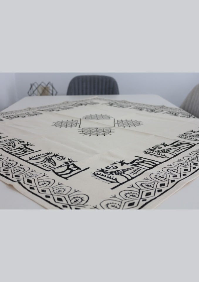 Geleneksel Tahta El Baskısı Hitit Desenli Kare Masa Örtüsü