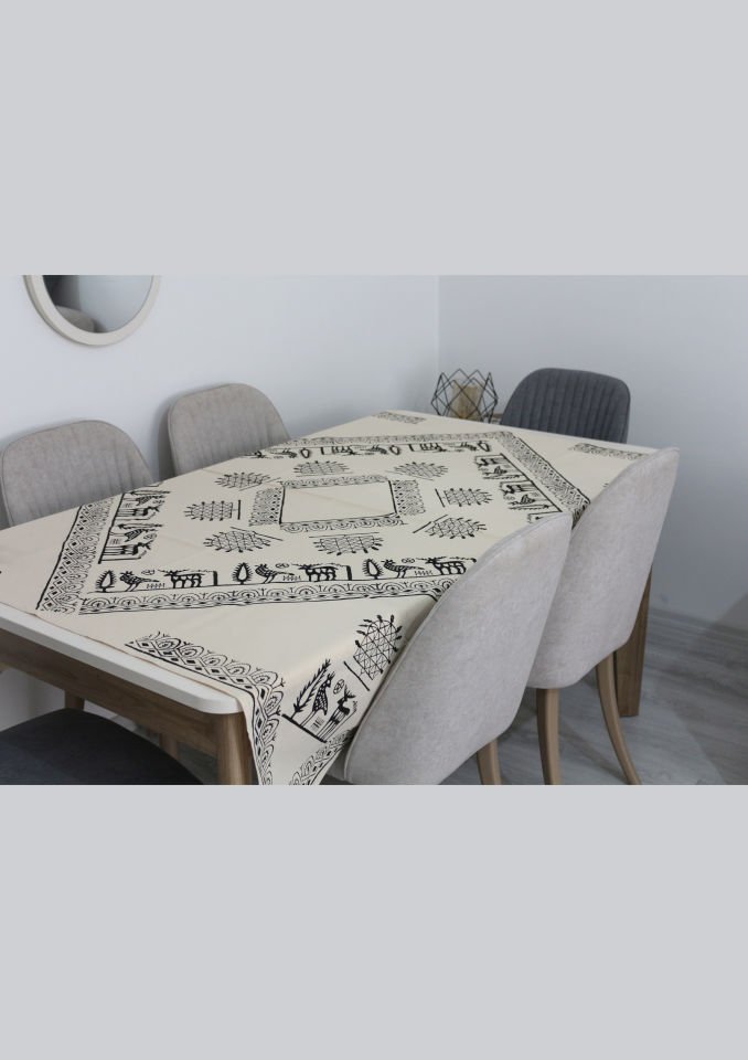 Geleneksel Tahta El Baskısı Hitit Desenli Büyük Kare Masa Örtüsü