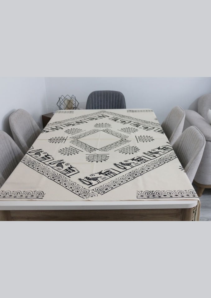 Geleneksel Tahta El Baskısı Hitit Desenli Büyük Kare Masa Örtüsü