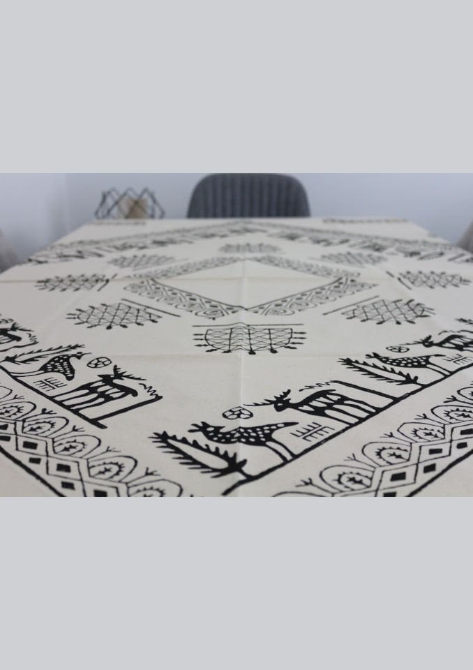 Geleneksel Tahta El Baskısı Hitit Desenli Büyük Kare Masa Örtüsü