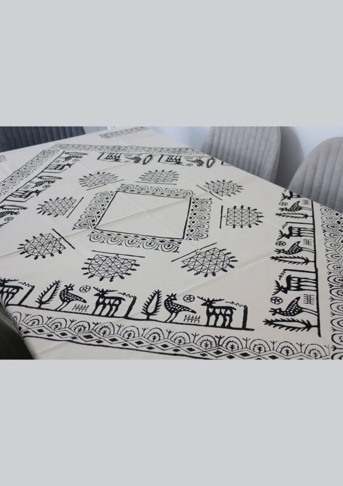Geleneksel Tahta El Baskısı Hitit Desenli Büyük Kare Masa Örtüsü