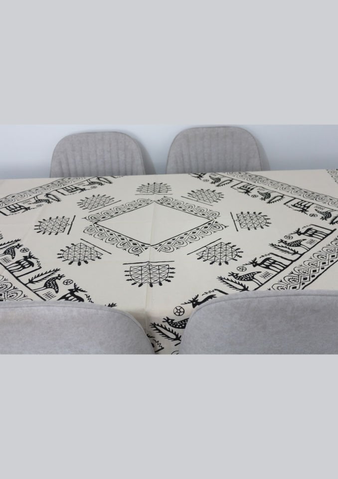 Geleneksel Tahta El Baskısı Hitit Desenli Büyük Kare Masa Örtüsü