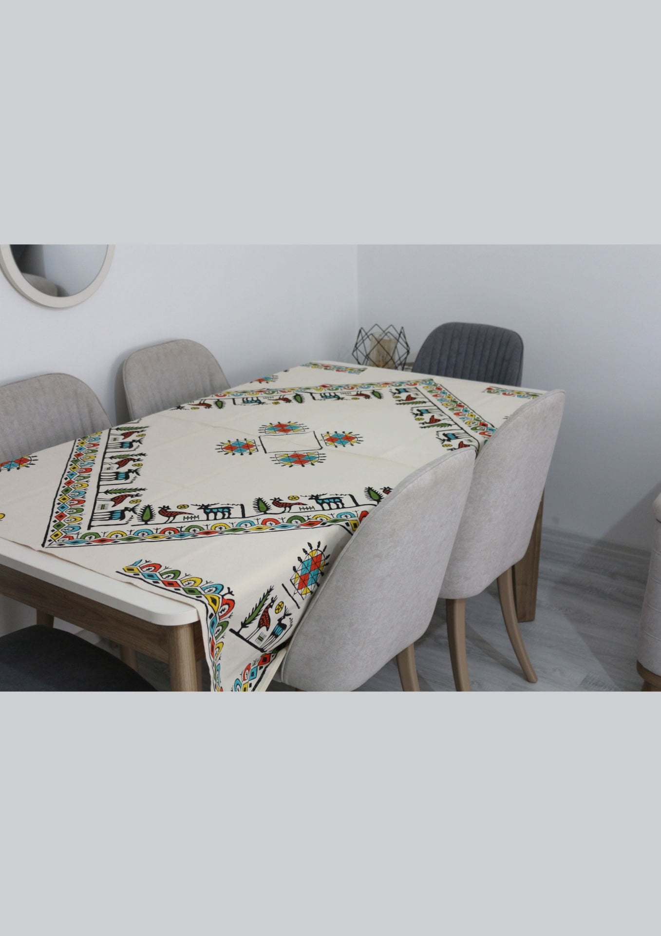 Geleneksel El Baskısı Hitit Desenli Büyük Kare Masa Örtüsü Renkli