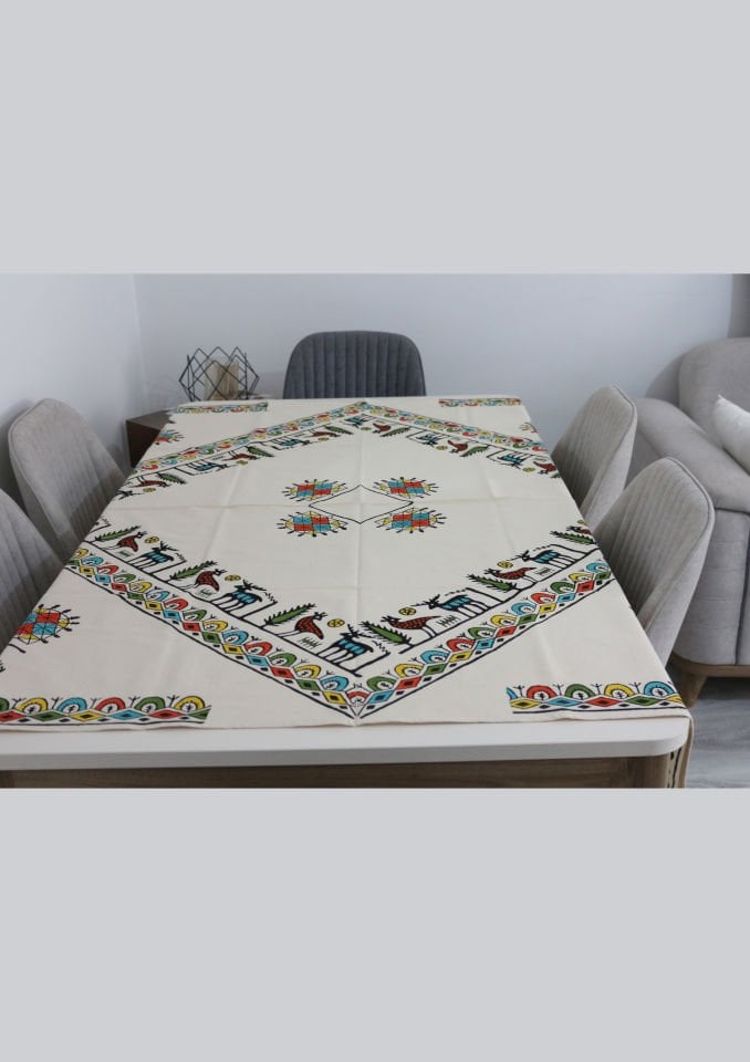 Geleneksel El Baskısı Hitit Desenli Büyük Kare Masa Örtüsü Renkli