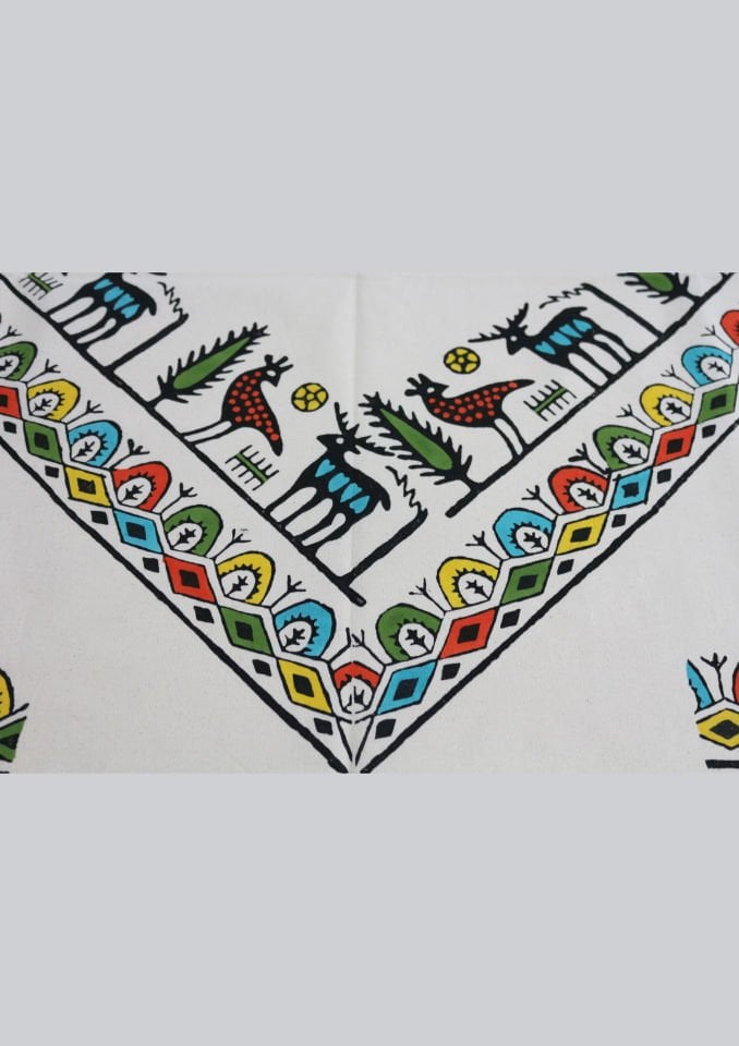 Geleneksel El Baskısı Hitit Desenli Büyük Kare Masa Örtüsü Renkli