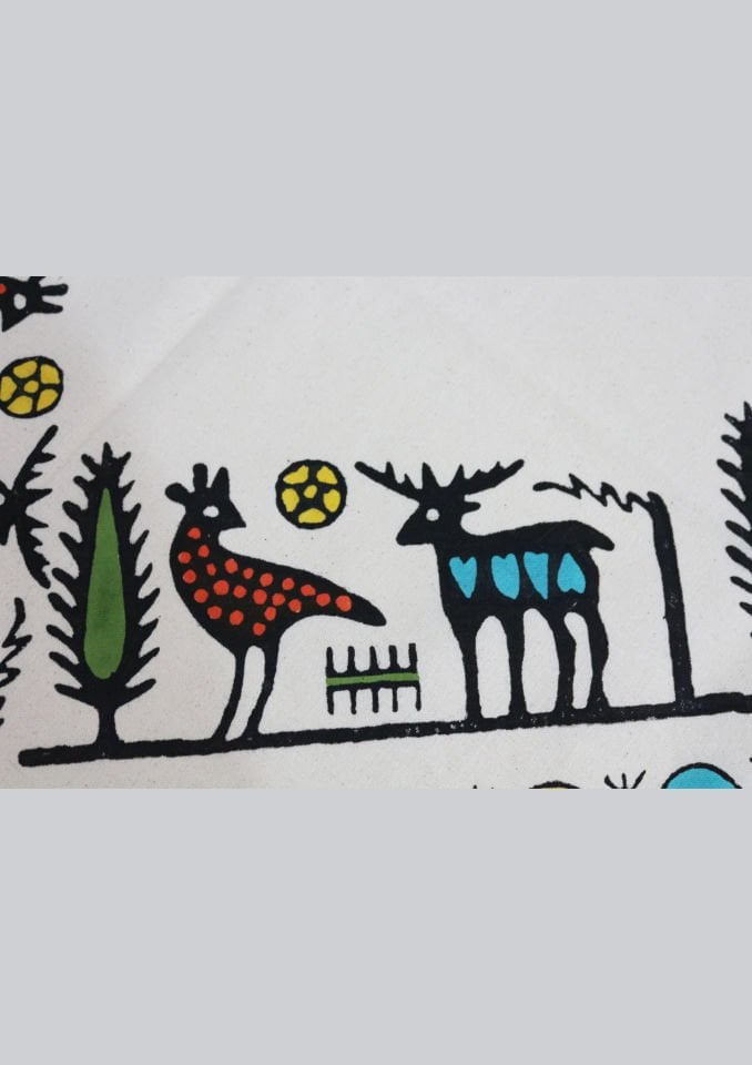 Geleneksel El Baskısı Hitit Desenli Büyük Kare Masa Örtüsü Renkli