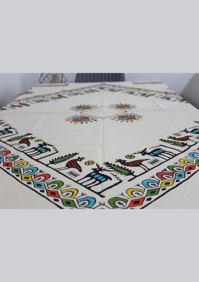 Geleneksel El Baskısı Hitit Desenli Büyük Kare Masa Örtüsü Renkli