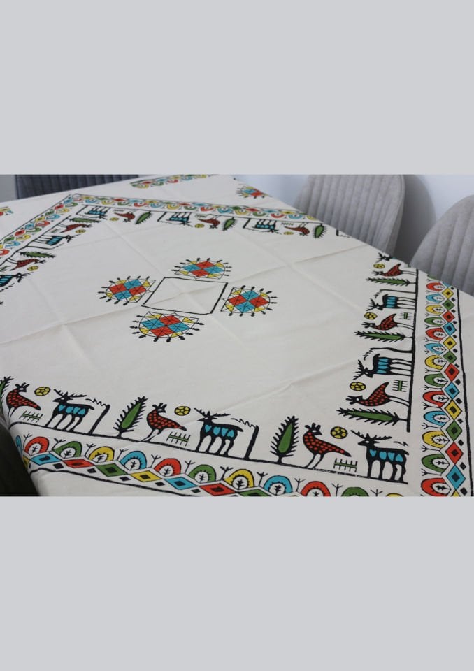 Geleneksel El Baskısı Hitit Desenli Büyük Kare Masa Örtüsü Renkli