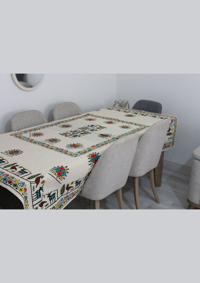 Geleneksel El Baskısı Hitit Desenli Dikdörtgen Masa Örtüsü Renkli
