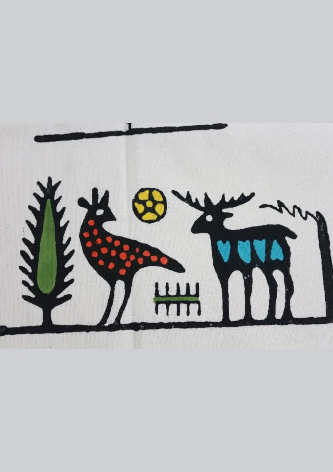 Geleneksel El Baskısı Hitit Desenli Dikdörtgen Masa Örtüsü Renkli