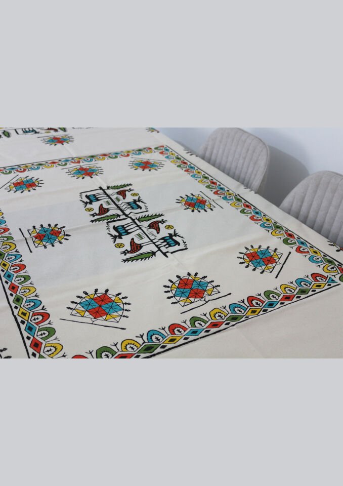 Geleneksel El Baskısı Hitit Desenli Dikdörtgen Masa Örtüsü Renkli