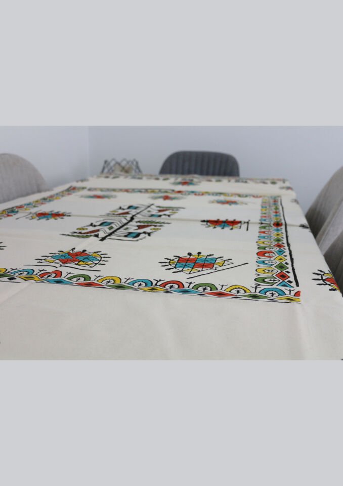 Geleneksel El Baskısı Hitit Desenli Dikdörtgen Masa Örtüsü Renkli