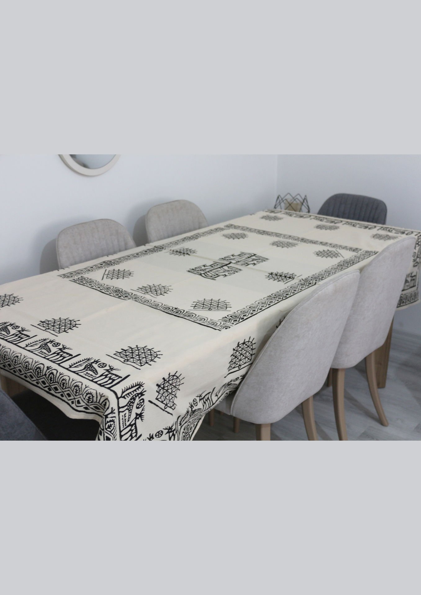 Geleneksel Tahta El Baskısı Hitit Desenli Dikdörtgen Masa Örtüsü