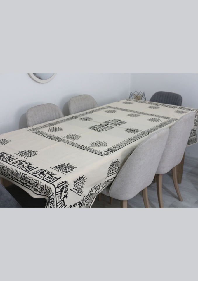Geleneksel Tahta El Baskısı Hitit Desenli Dikdörtgen Masa Örtüsü