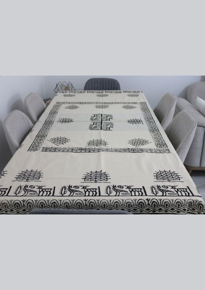 Geleneksel Tahta El Baskısı Hitit Desenli Dikdörtgen Masa Örtüsü