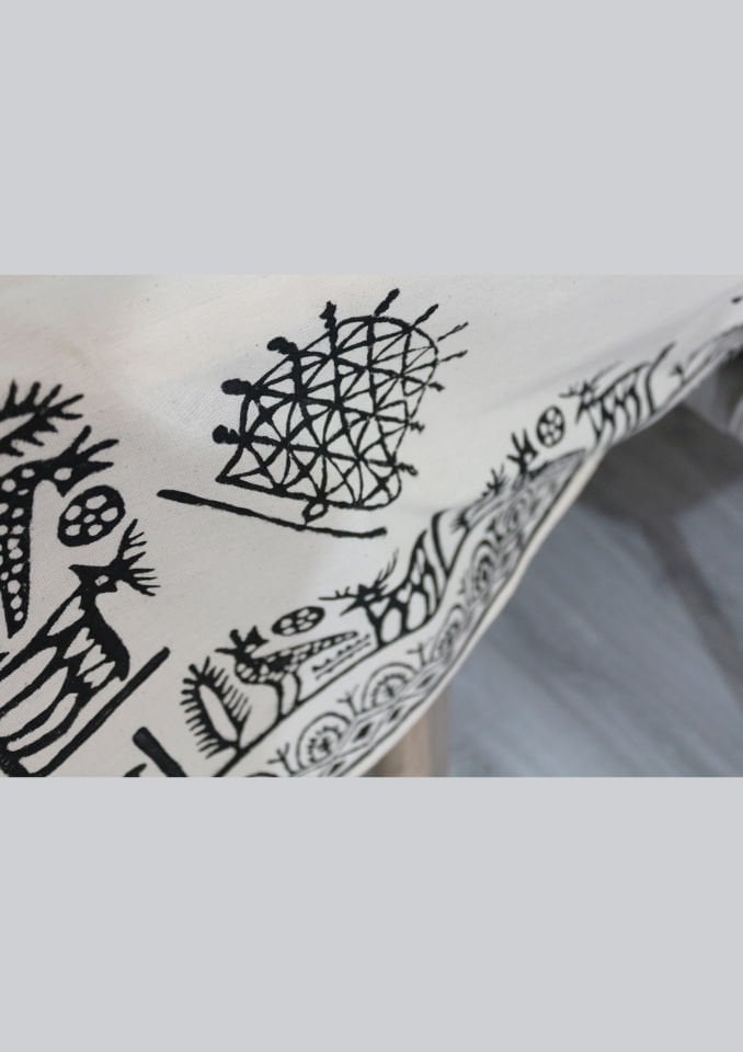 Geleneksel Tahta El Baskısı Hitit Desenli Dikdörtgen Masa Örtüsü