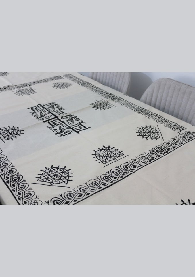 Geleneksel Tahta El Baskısı Hitit Desenli Dikdörtgen Masa Örtüsü