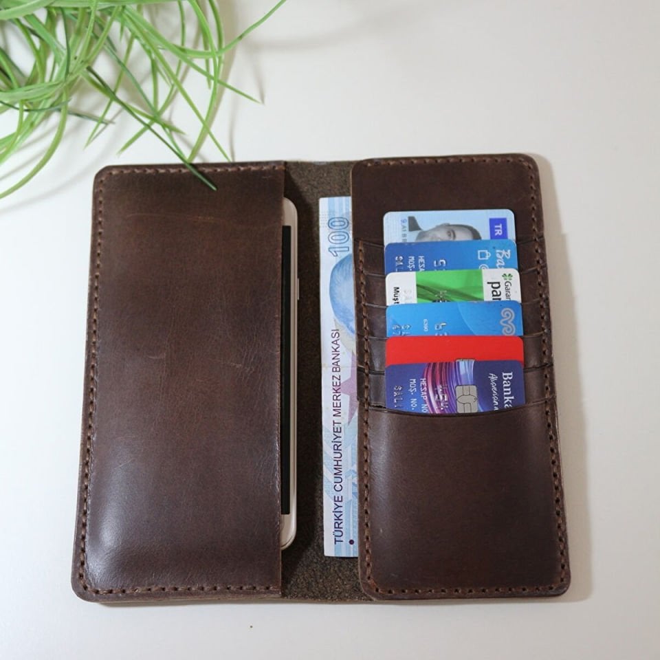El Yapımı Hakiki Deri Dik Cüzdan