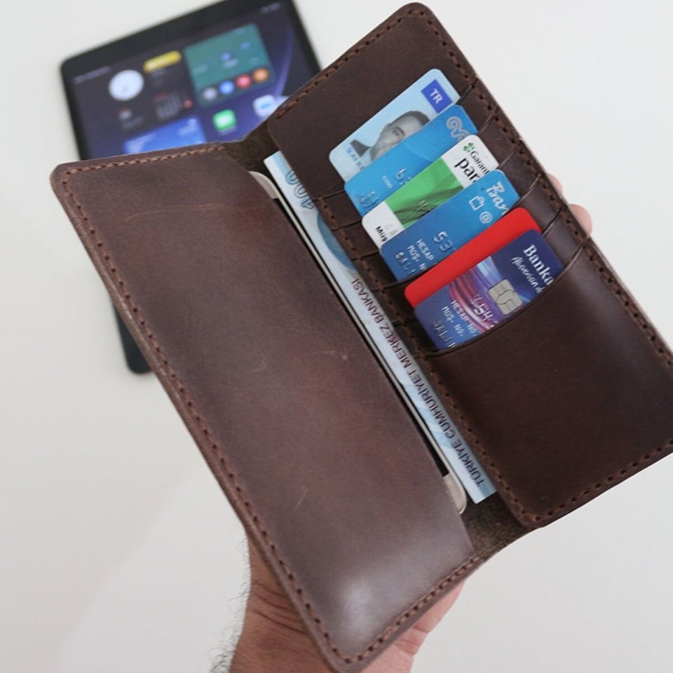 El Yapımı Hakiki Deri Dik Cüzdan