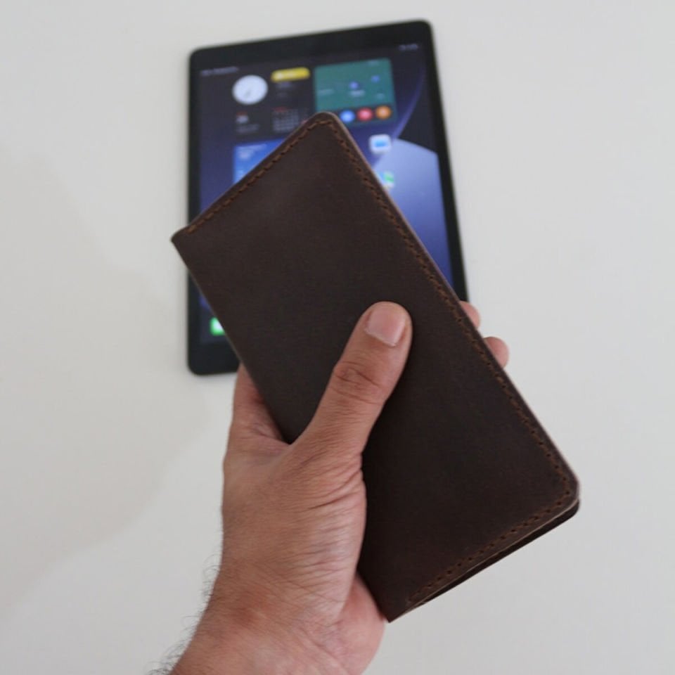 El Yapımı Hakiki Deri Dik Cüzdan