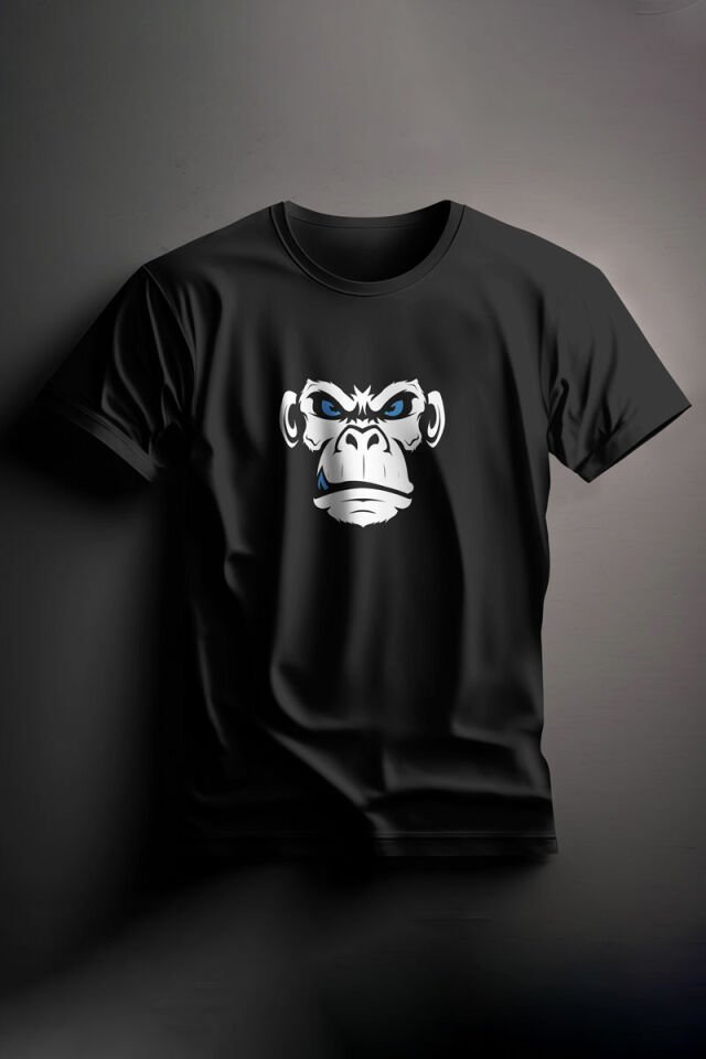Unisex Baskılı Siyah Tişört Monkey
