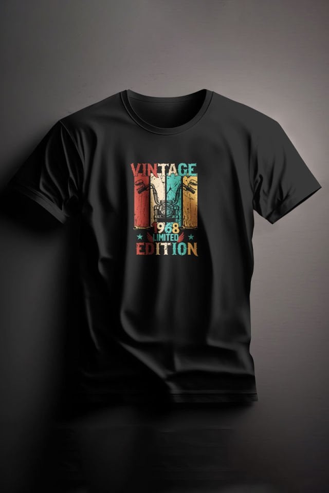 Unisex Baskılı Siyah Tişört Vintage