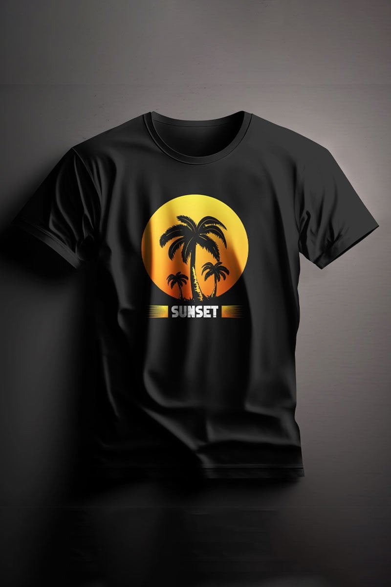 Unisex Baskılı Siyah Tişört Sunset