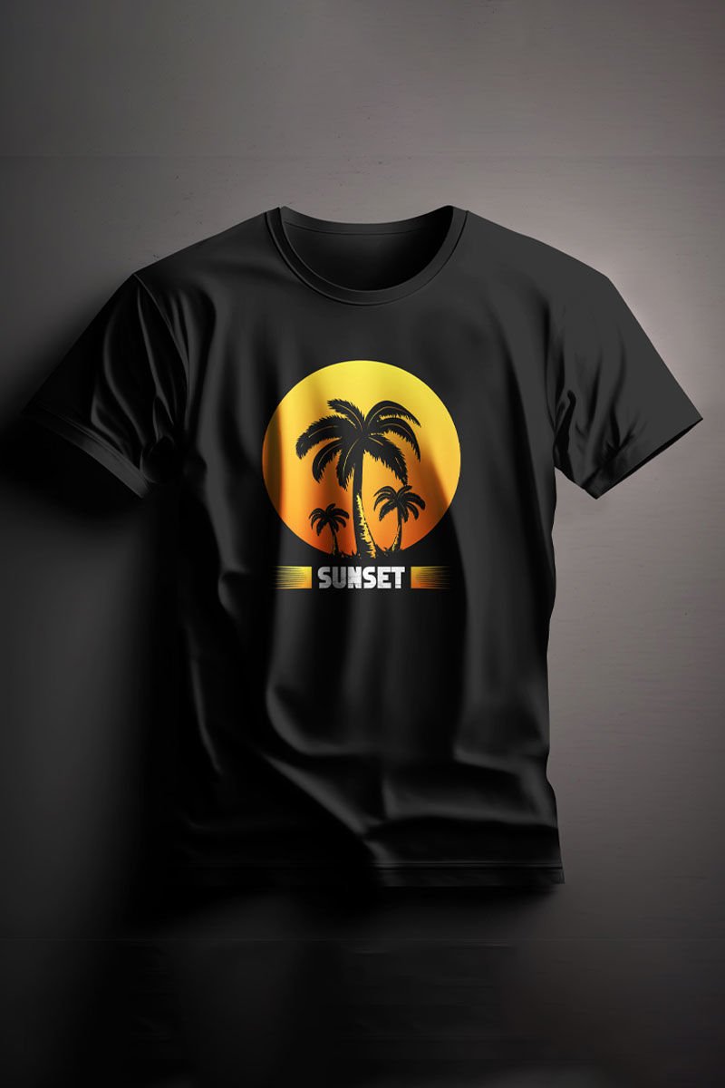 Unisex Baskılı Siyah Tişört Sunset