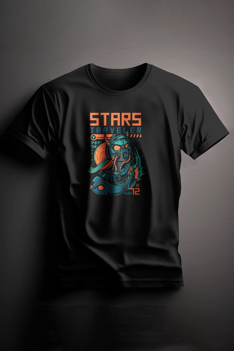Unisex Baskılı Siyah Tişört Stars