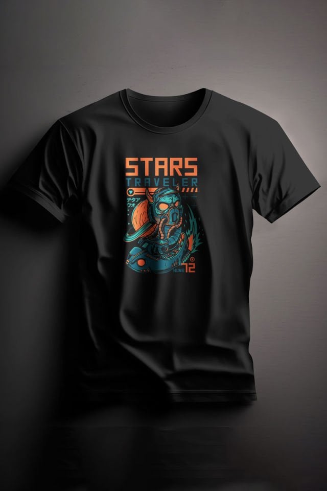 Unisex Baskılı Siyah Tişört Stars