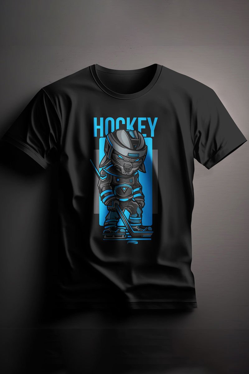 Unisex Baskılı Siyah Tişört Hockey