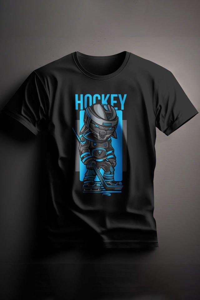 Unisex Baskılı Siyah Tişört Hockey