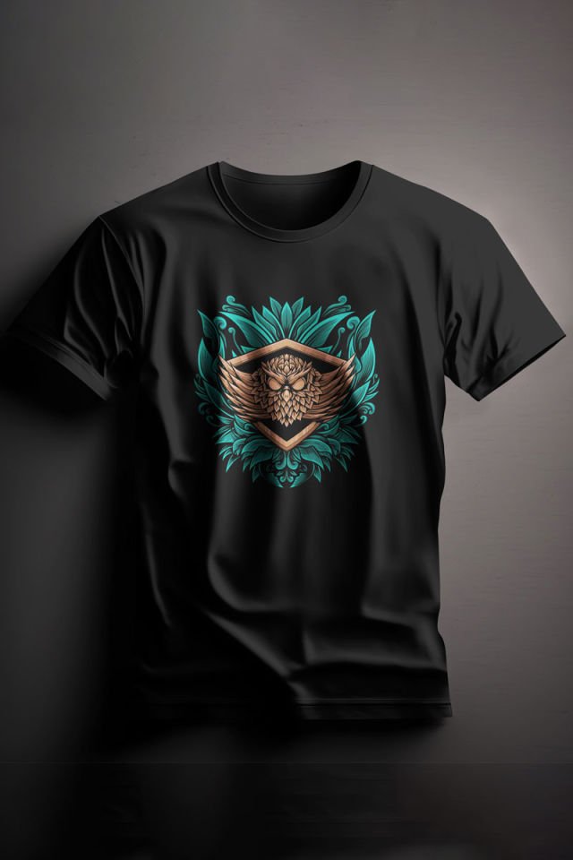Unisex Baskılı Siyah Tişört Owl