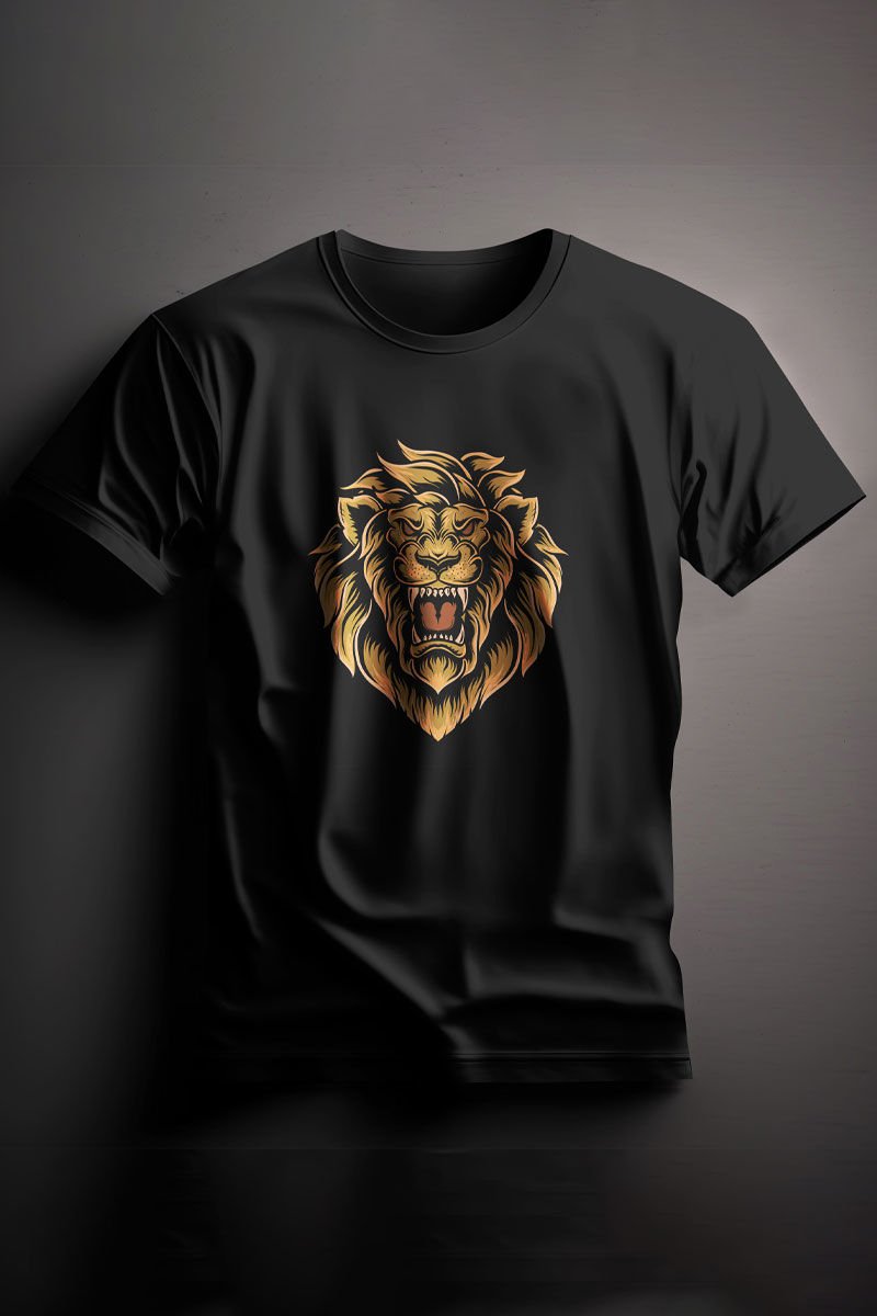 Unisex Baskılı Siyah Tişört Lion