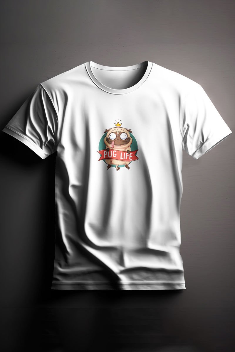 Unisex Baskılı Beyaz Tişört Pug