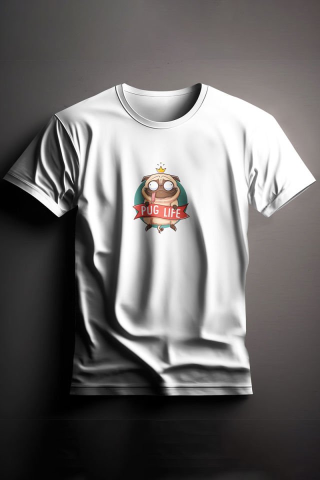 Unisex Baskılı Beyaz Tişört Pug