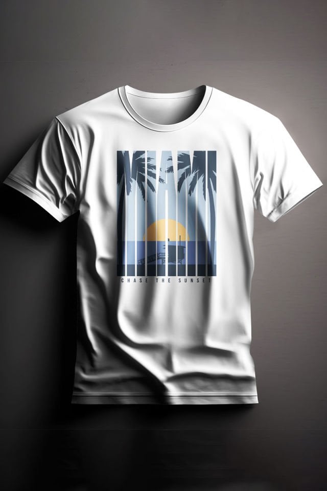 Unisex Baskılı Beyaz Tişört Miami