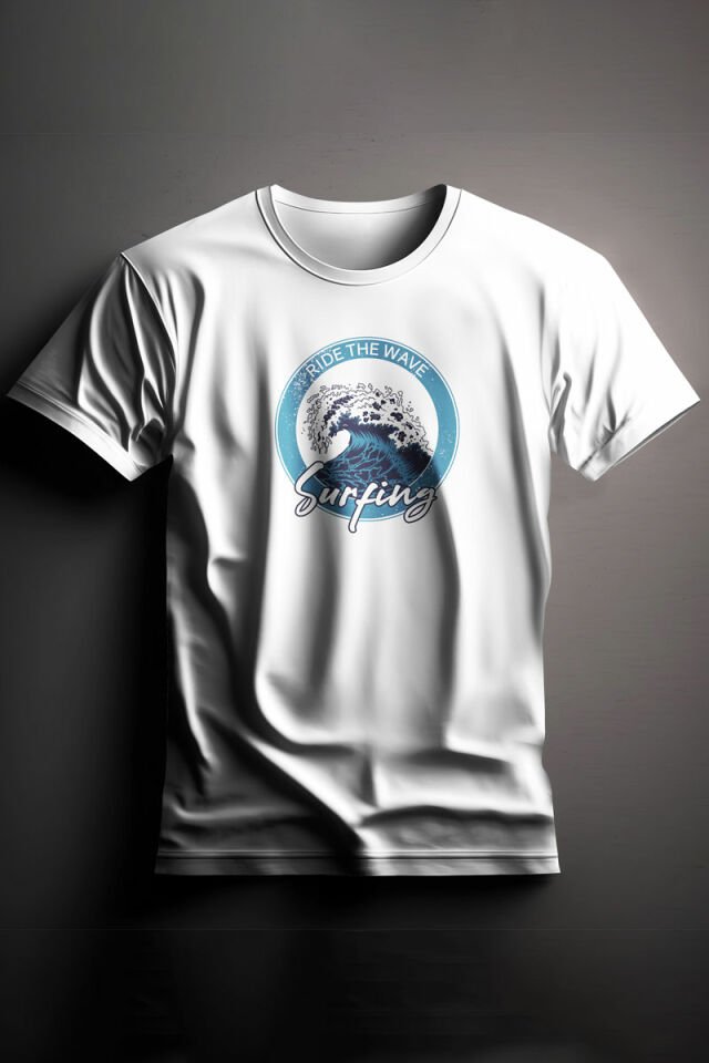 Unisex Baskılı Beyaz Tişört Surfing
