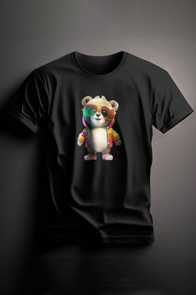 Unisex Baskılı Siyah Tişört Color Bear