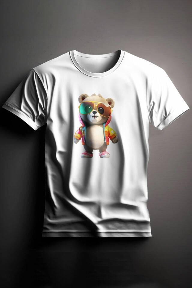 Unisex Baskılı Beyaz Tişört Color Bear