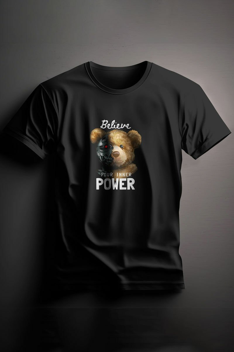 Unisex Baskılı Siyah Tişört Bear