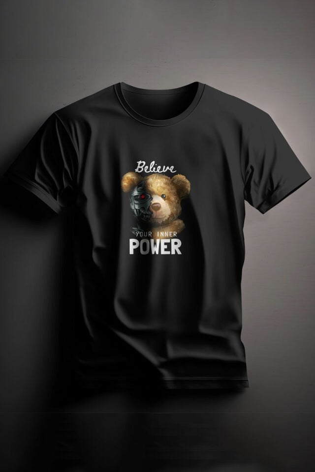 Unisex Baskılı Siyah Tişört Bear