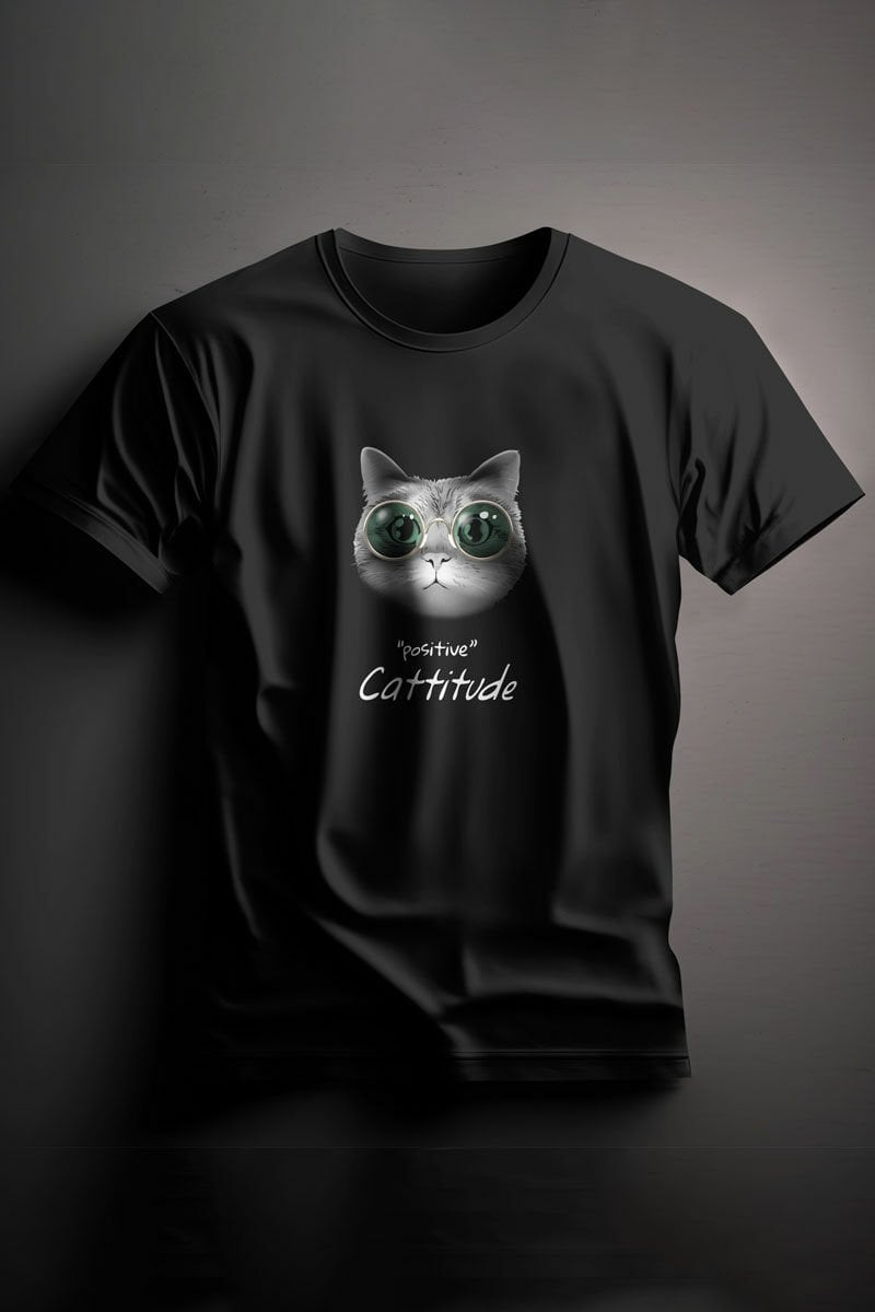Unisex Baskılı Siyah Tişört Cat