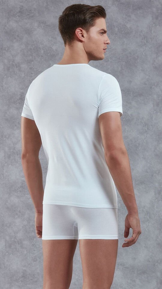 Erkek Modal V Yaka Kısa Kol T Shirt 2855 Beyaz