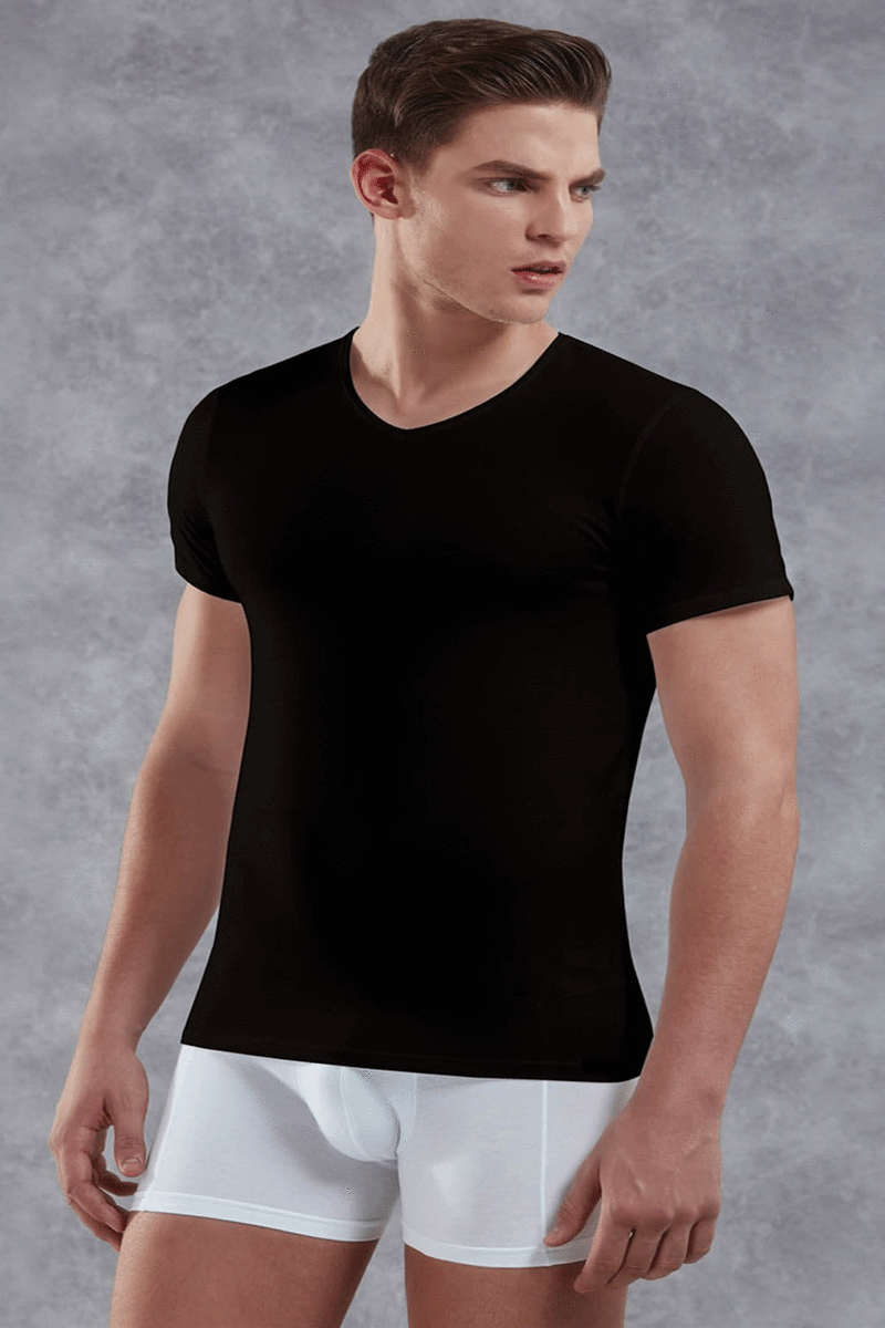 Erkek Modal V Yaka Kısa Kol T Shirt 2855 Siyah