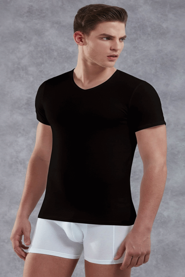 Erkek Modal V Yaka Kısa Kol T Shirt 2855 Siyah