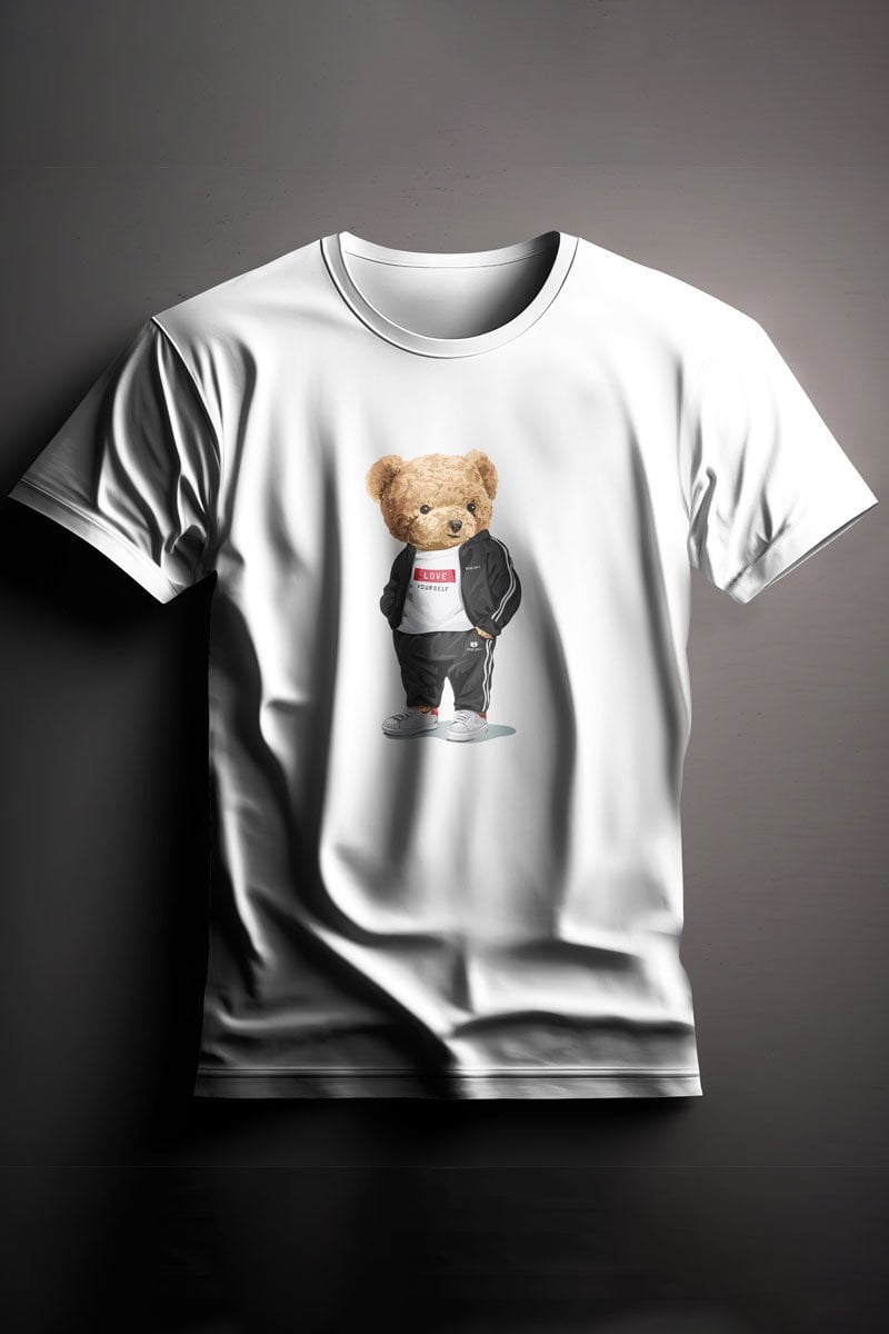 Unisex Baskılı Beyaz Tişört Love Bear